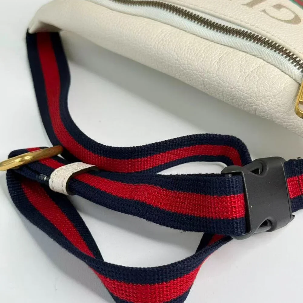 Gucci GG Logo White Leather Bum Bag with Green Red Stripes & Gold Zipper